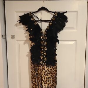 Leopard Print Dress with Black Feather Details